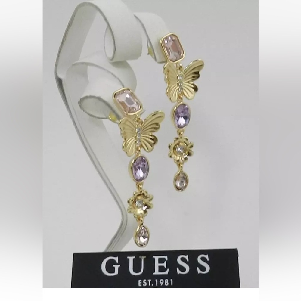 NWT GUESS Earrings gold tone dangle Butterfly, Flower w/ pink & purple crystals